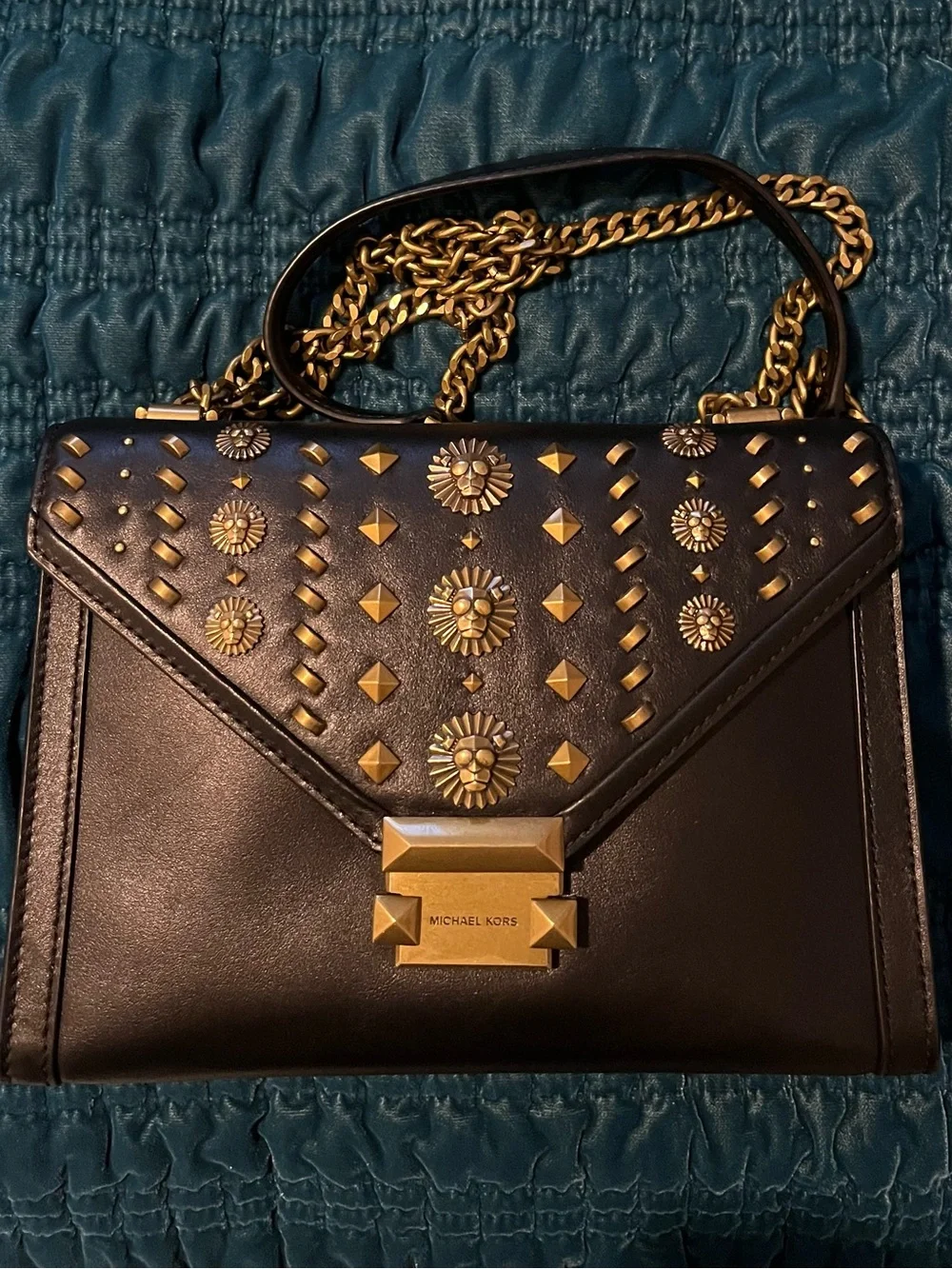 Michael Kors Black Leather Crossbody with Gold Stud Accents